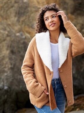Barefoot Dreams Camel Teddy Jacket with White Sherpa Collar